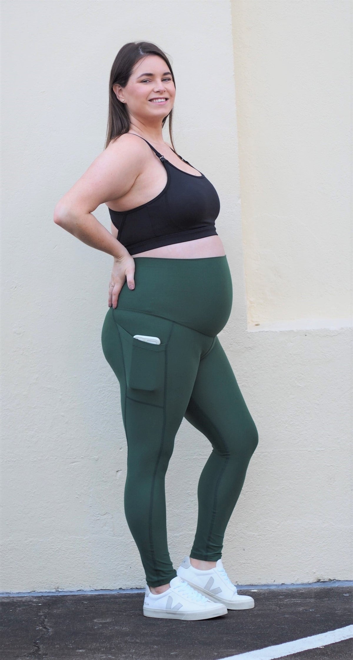 Green eco suede full length maternity activewear leggings