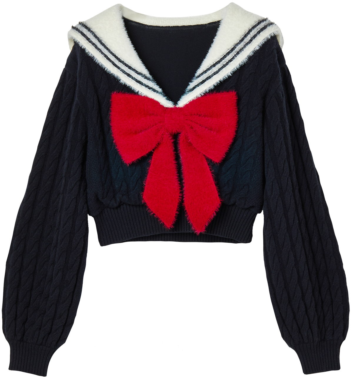 Fluffy Sailor Collar Bowknot Cropped Sweater