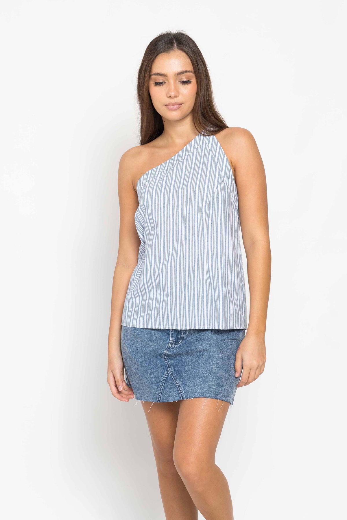 Ava One Shoulder Top - Blue Stripe