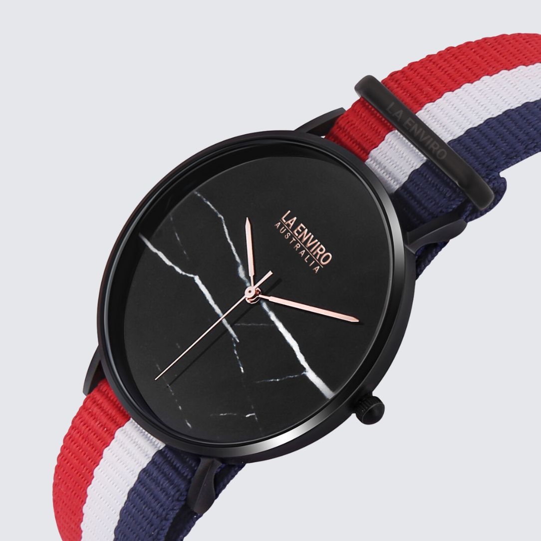 BLACK WITH RED, BLUE & WHITE NATO STRAP I MARBLE 40 MM