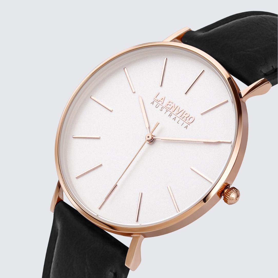 PINEAPPLE LEATHER ROSE GOLD WITH BLACK STRAP I TIERRA 40 MM