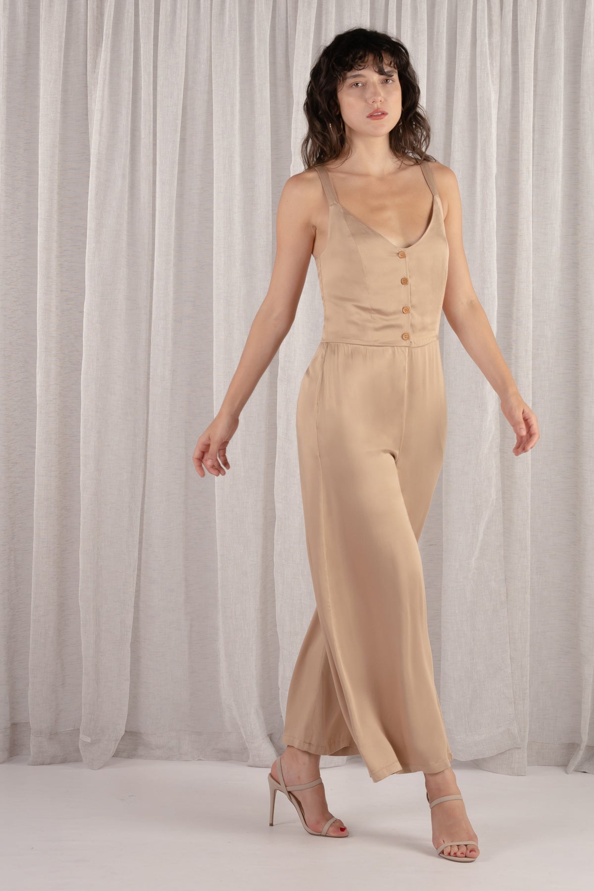 Amber Front Button Overall Jumpsuit - Latte