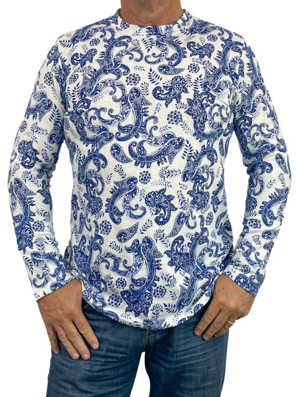 Calgary Paisley Cotton L/S Tee - Blue/White