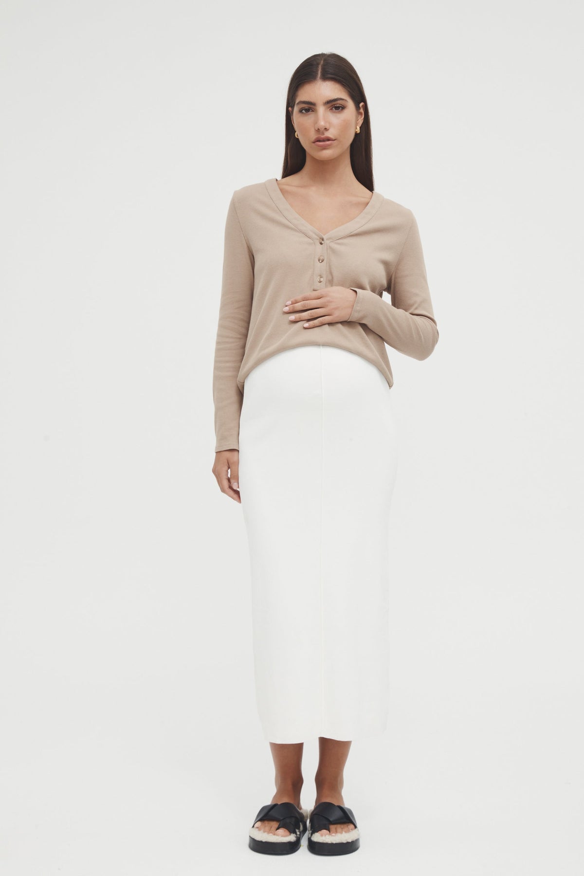 Maternity Ribbed Henley Long Sleeve Top (Mocha) 1