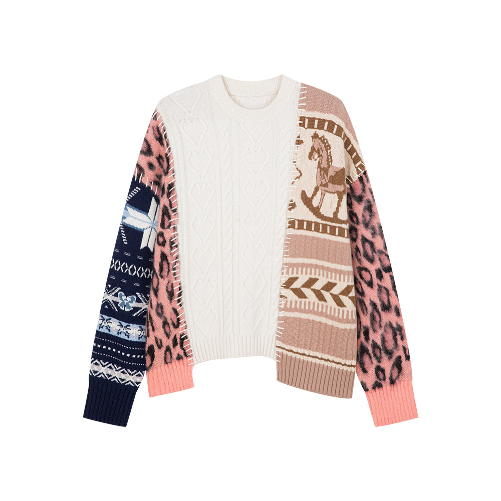 Stitched Fair Isle Printed Cable Knitted Sweater