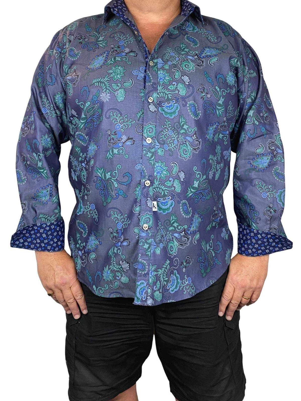 Denim Floral Cotton Long Sleeve Big Mens Shirt - Navy