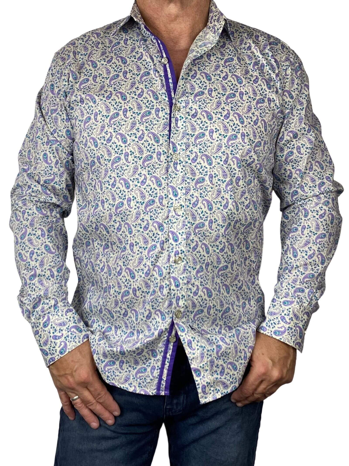 Dexy Paisley Cotton Big Mens Shirt - Cream/Purple