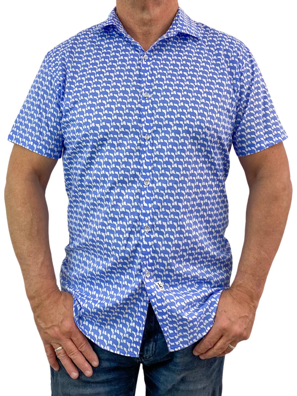 Elephant Abstract Cotton Voile Short Sleeve Shirt - Blue