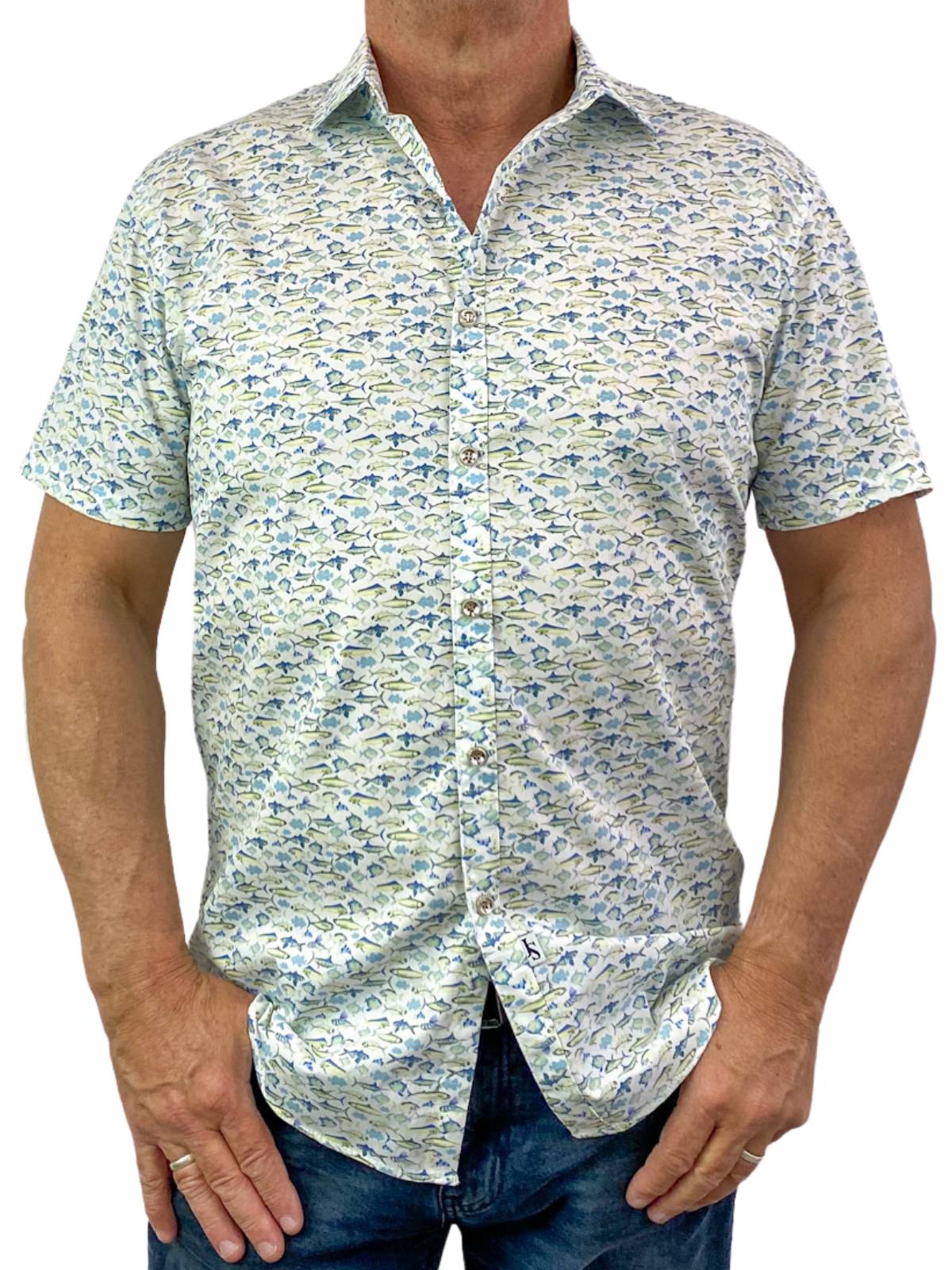 Fish Abstract Cotton S/S Big Mens Shirt - Blue/Yellow