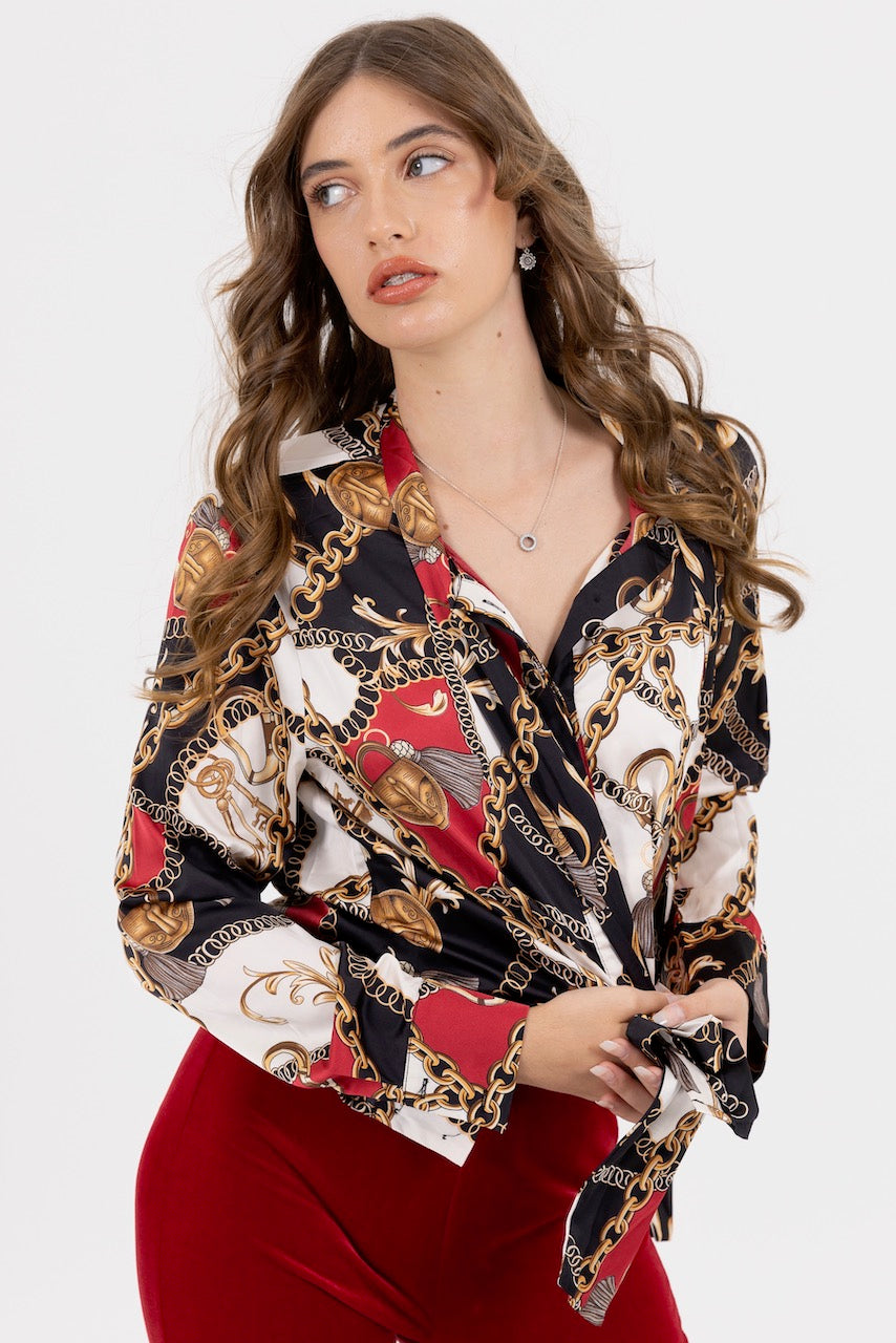 V-Crush Chain Blouse Silky Satin