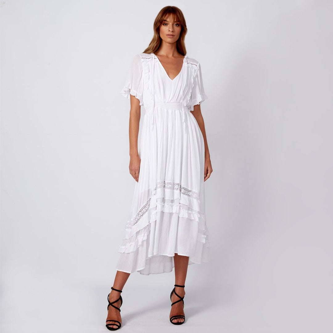 Fashion model wearing womens white maxi dress online