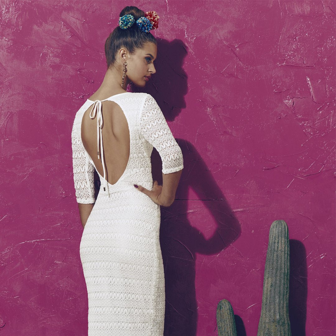 Matea Designs fashion model wearing white bodycon midi lace dress online