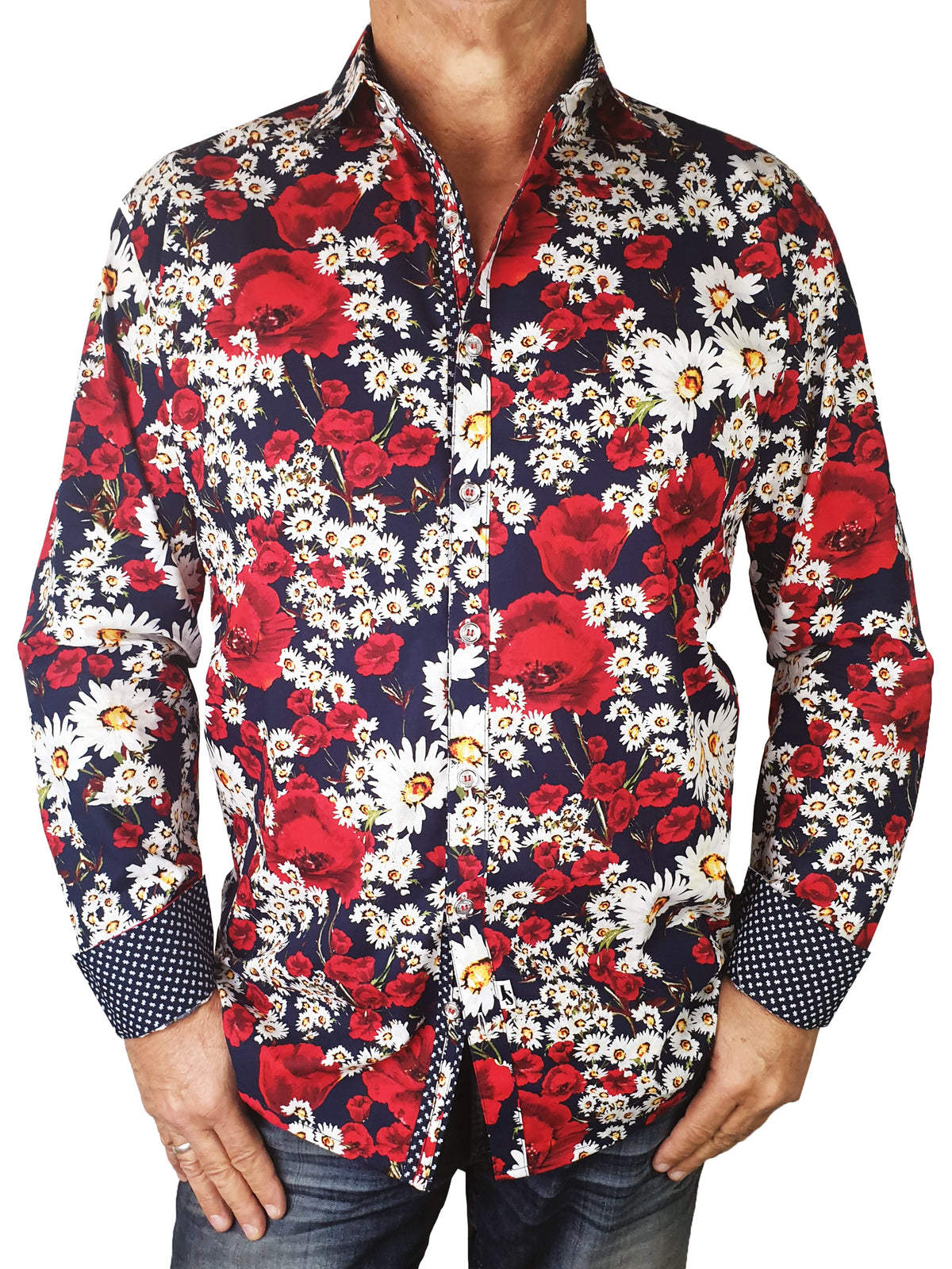 Menage Floral Cotton L/S Big Mens Shirt - Red/Navy