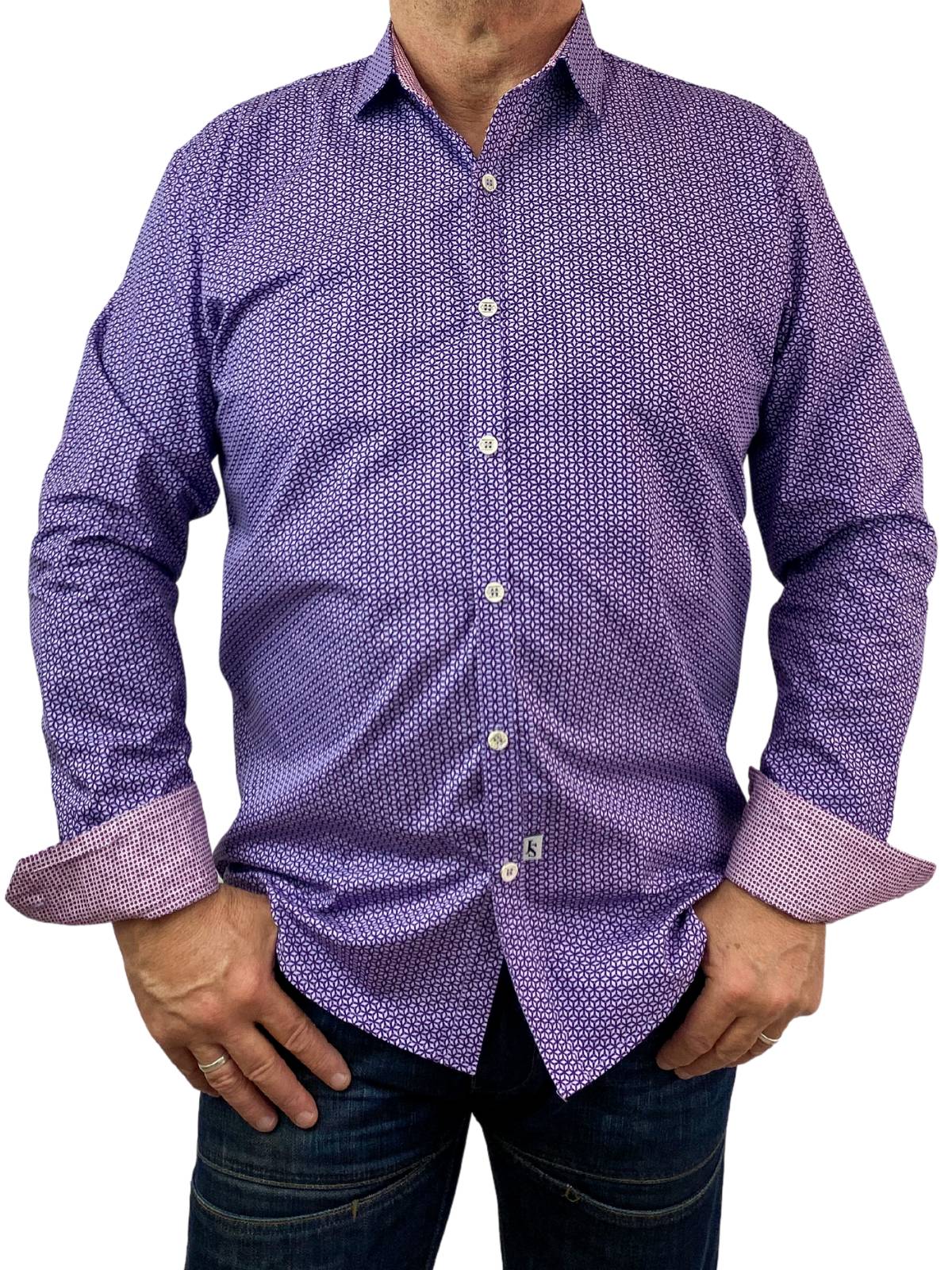Benz Geometric Cotton Long Sleeve Shirt - Purple