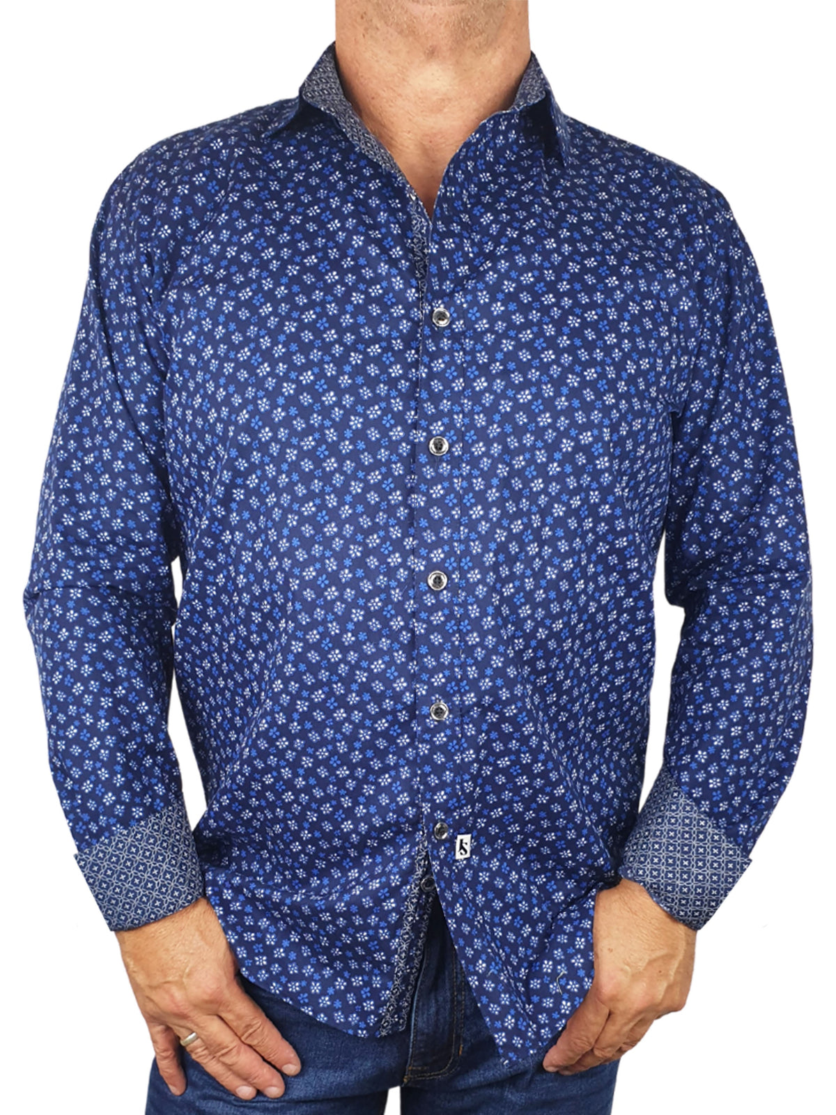 Nightshade Floral Cotton L/S Big Mens Shirt - Blue