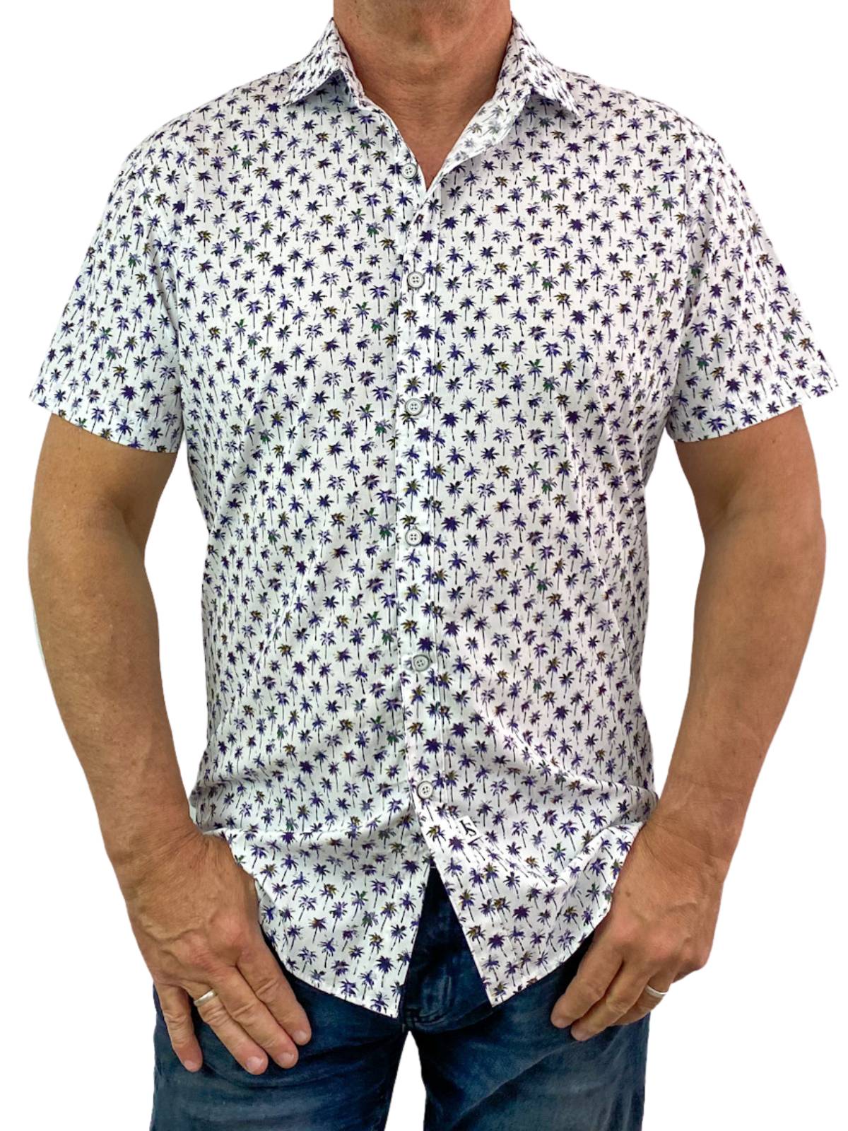 Palm Abstract Cotton Short Sleeve Shirt - Purple/White