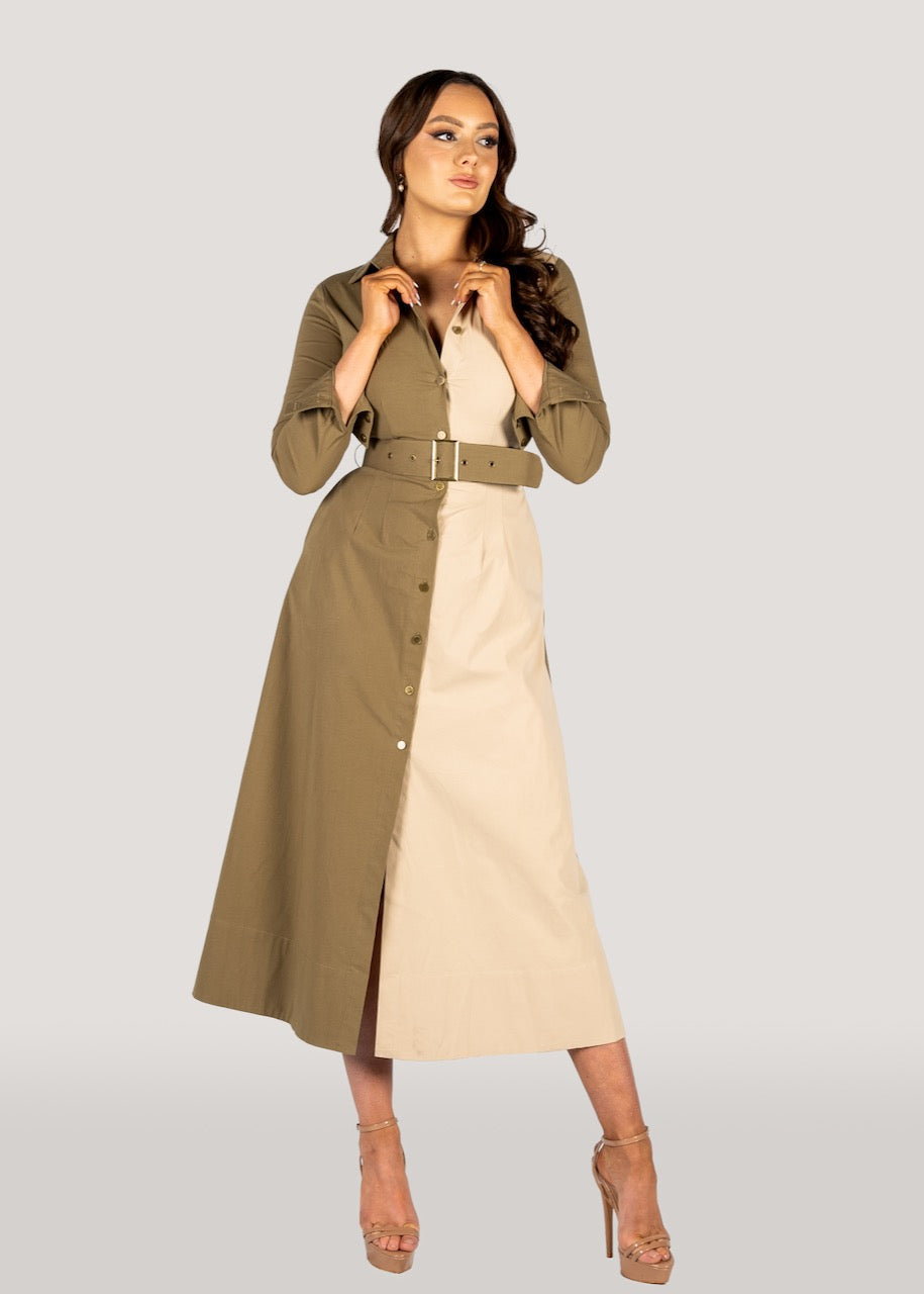 The "Kate" Shirt Dress Two Tone Khaki, Long Sleeves