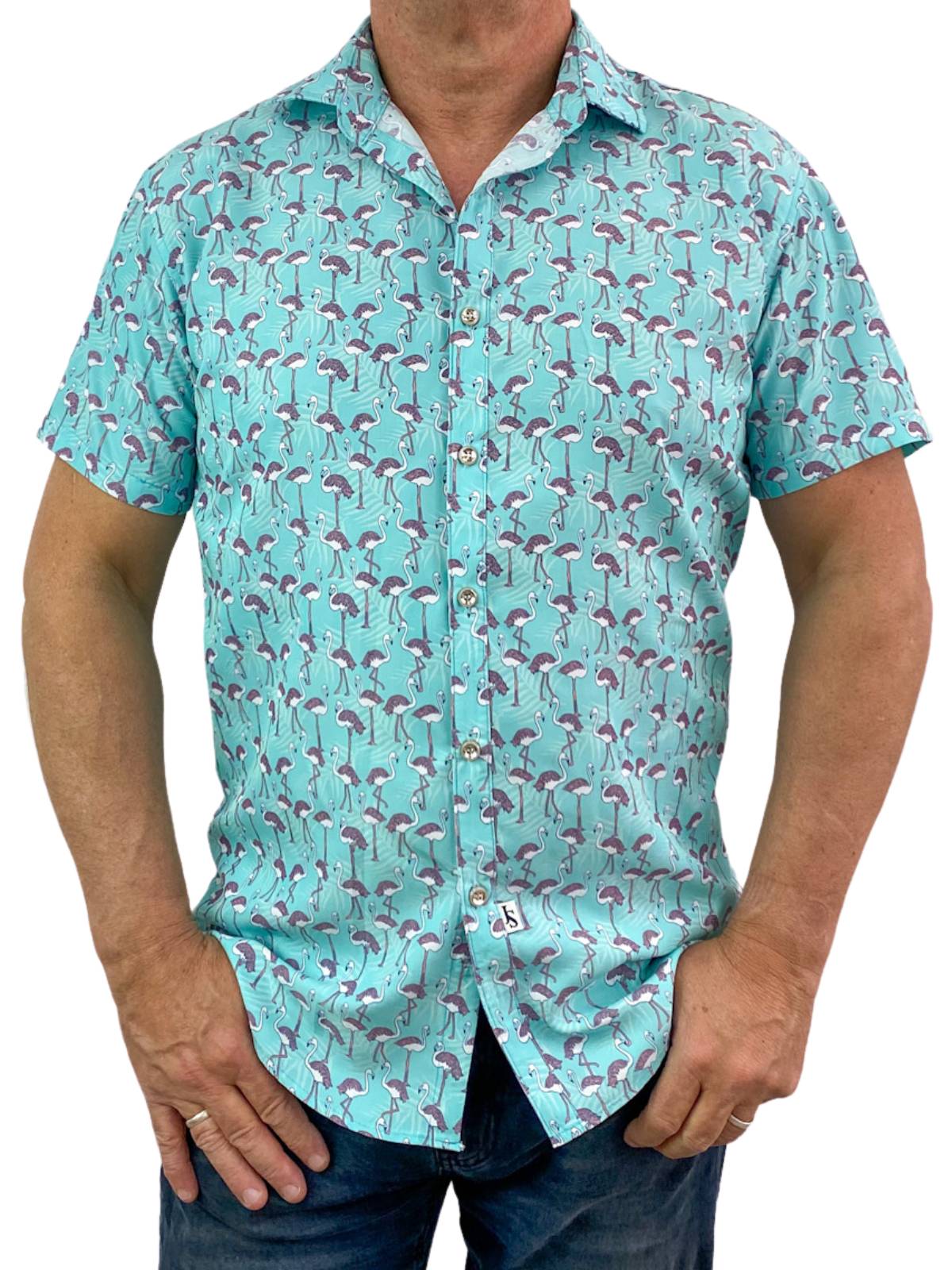 Sway Flamingo Cotton/Rayon S/S Shirt - Turquoise/Pink