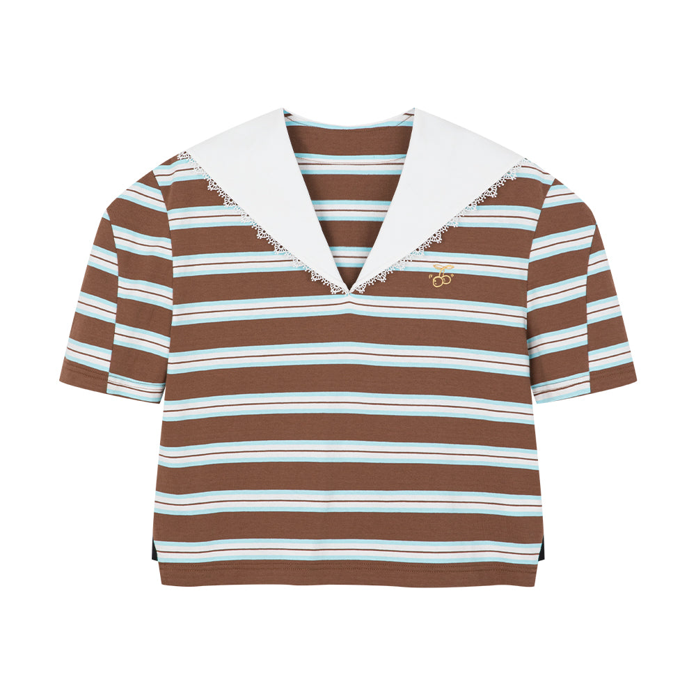 Brown Striped Sailor Collar Shirt