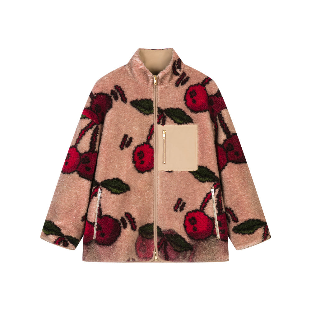 Cherry Patterned Fleece Jacket