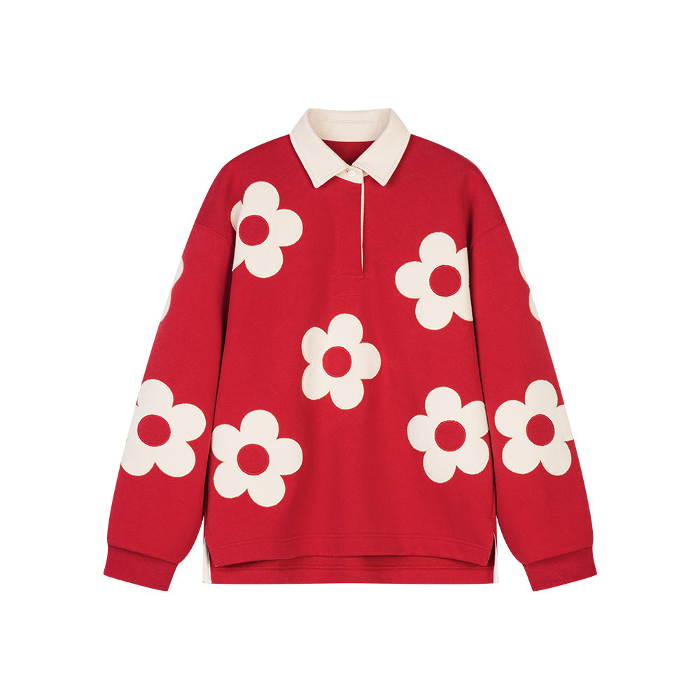Flower Patterned Red Polo Sweatshirt