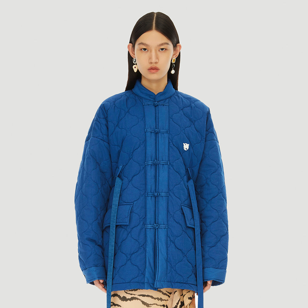 Cobalt Blue Quilted Chinese Button Knot Jacket
