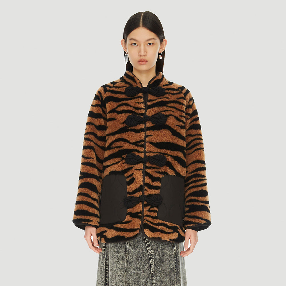 Chinese Button Knot Tiger Print Fleece Coat