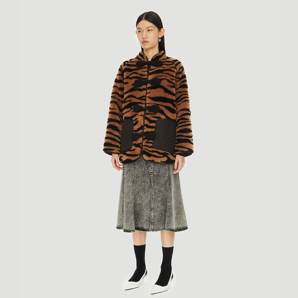 Chinese Button Knot Tiger Print Fleece Coat