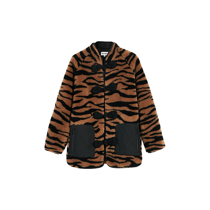 Chinese Button Knot Tiger Print Fleece Coat