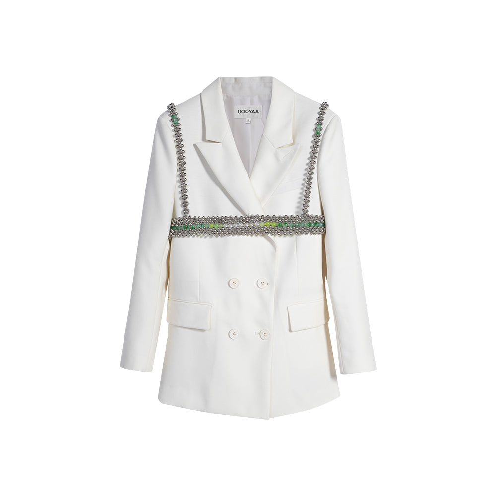 White Blazer With Detachable Beaded Accessory