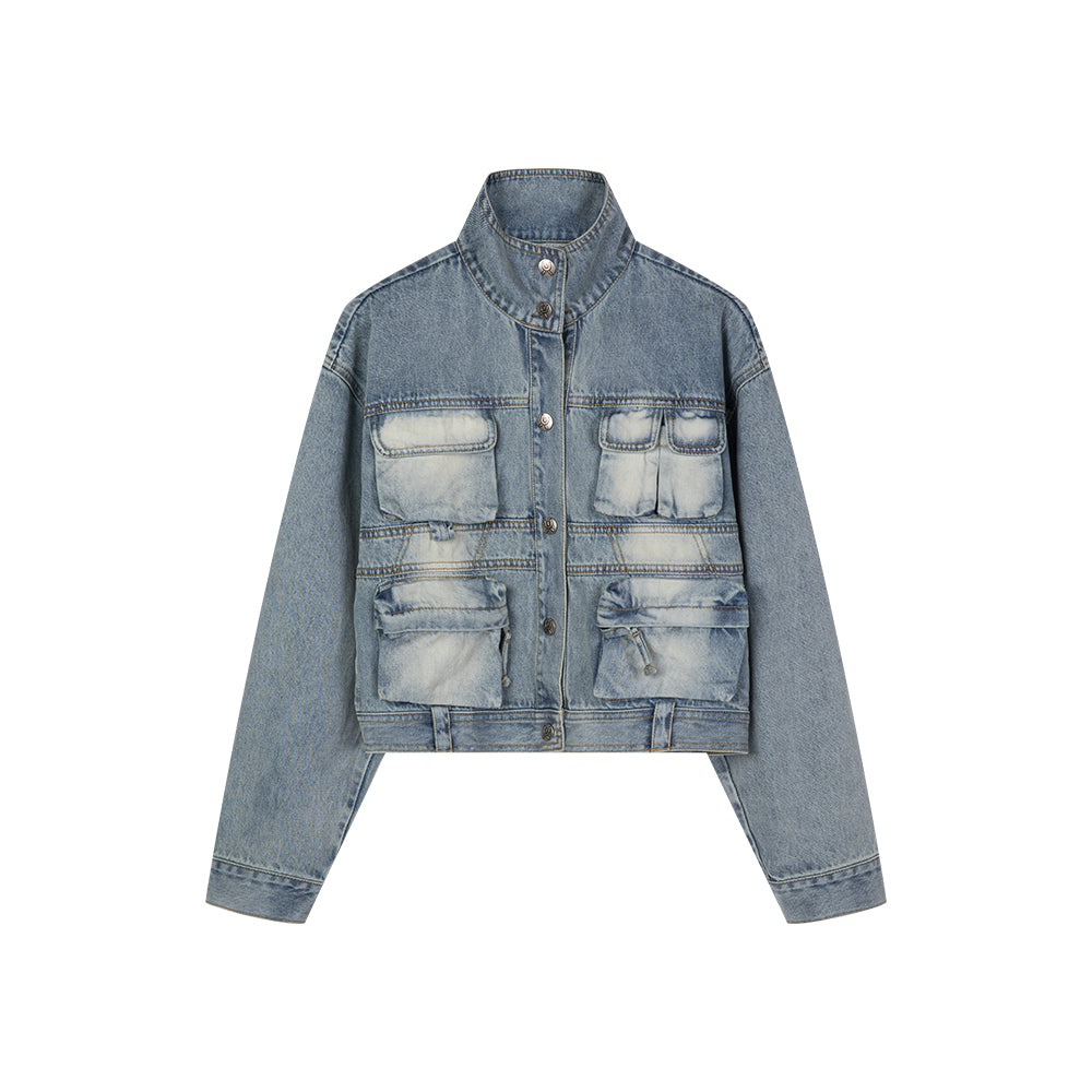 Presley Multi-pocket Wide Shoulder Washed Denim Jacket