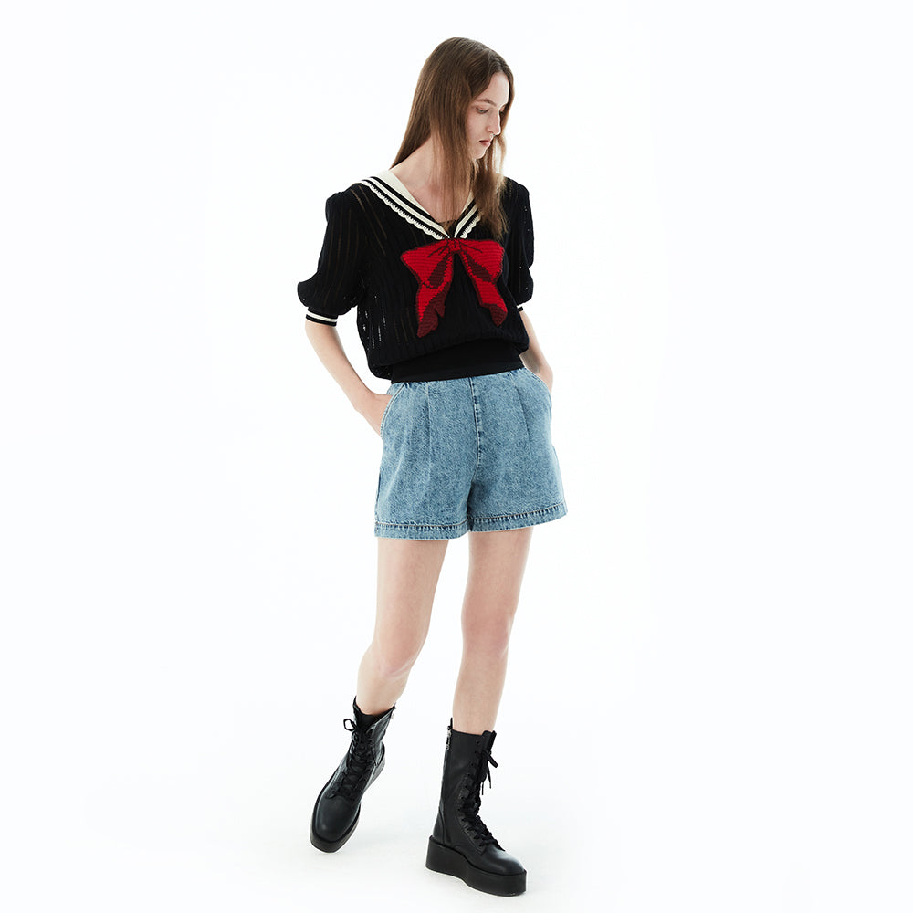 Knitted Sailor Collar Bowknot Top