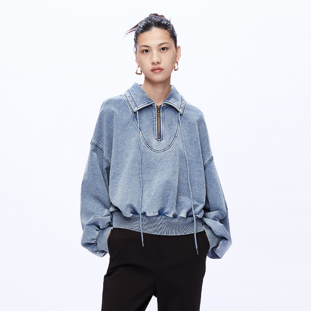 Washed Denim Polo Sweatshirt