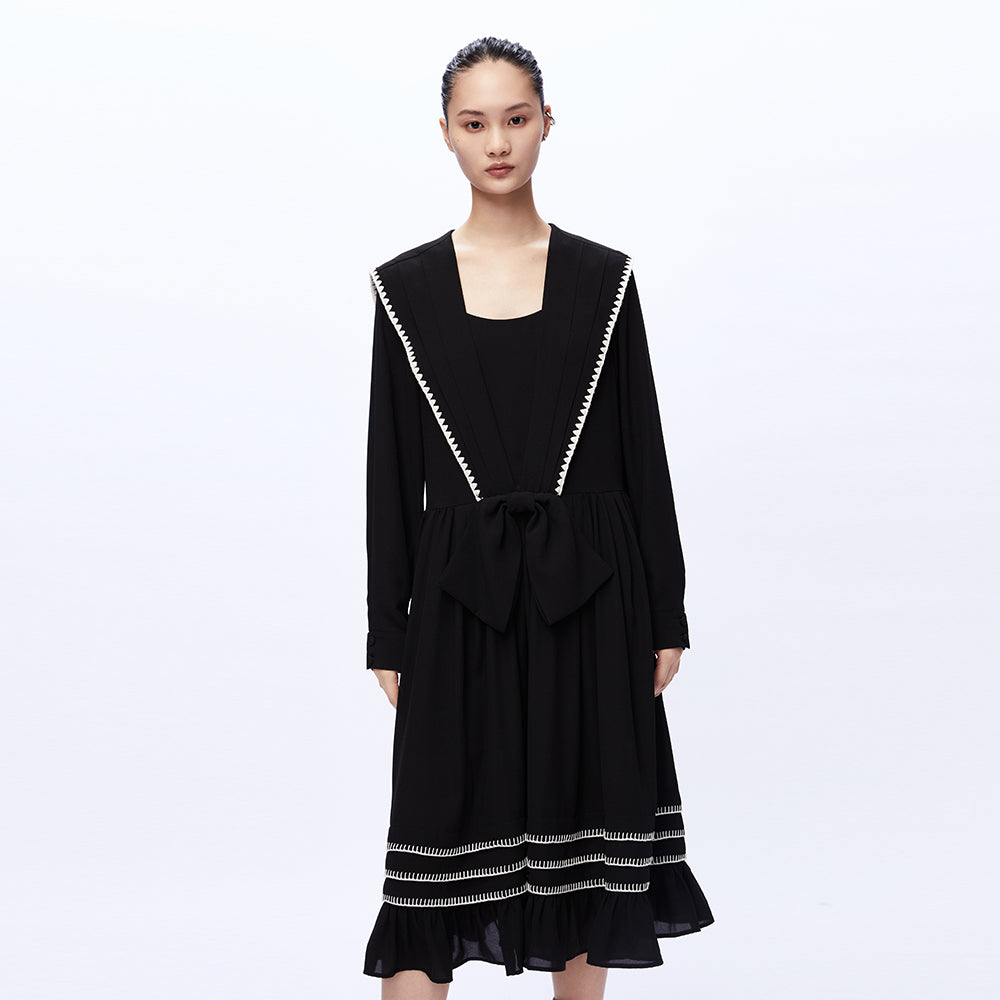 Sailor Collar Smocked Black Dress