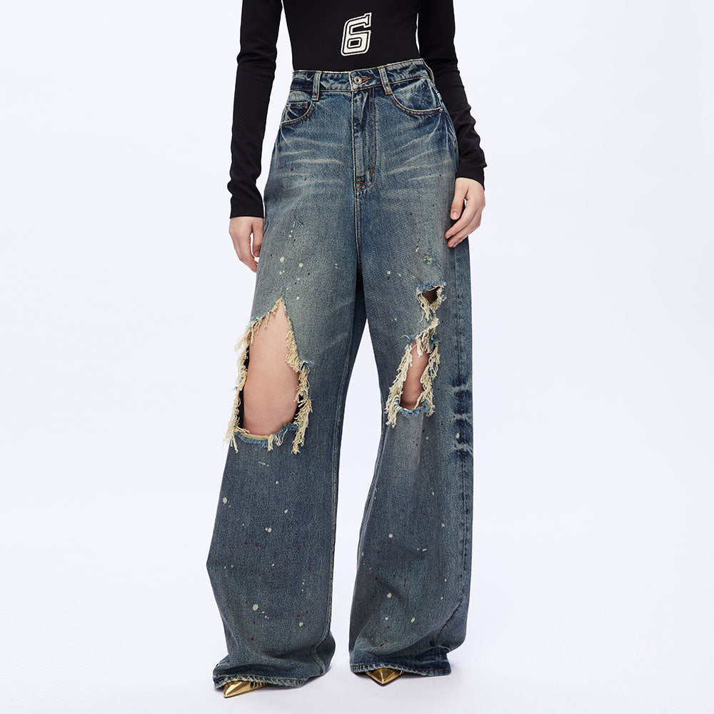 Splashed Ink Ripped Wide-leg Jeans