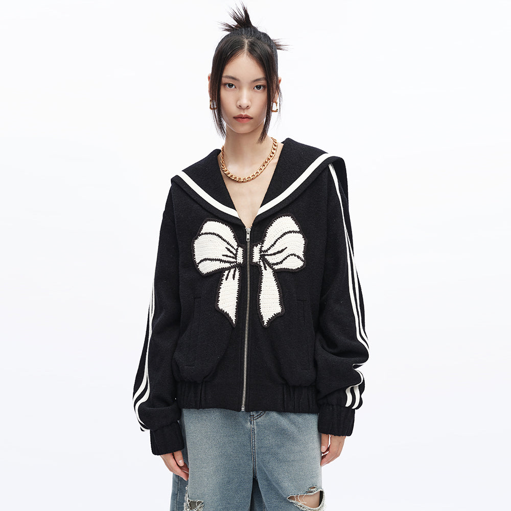 Marley Navy Style Sports Hoodie Bow Knot Wool Jacket