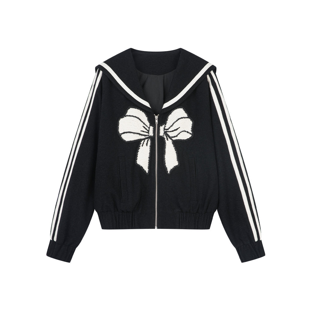 Marley Navy Style Sports Hoodie Bow Knot Wool Jacket