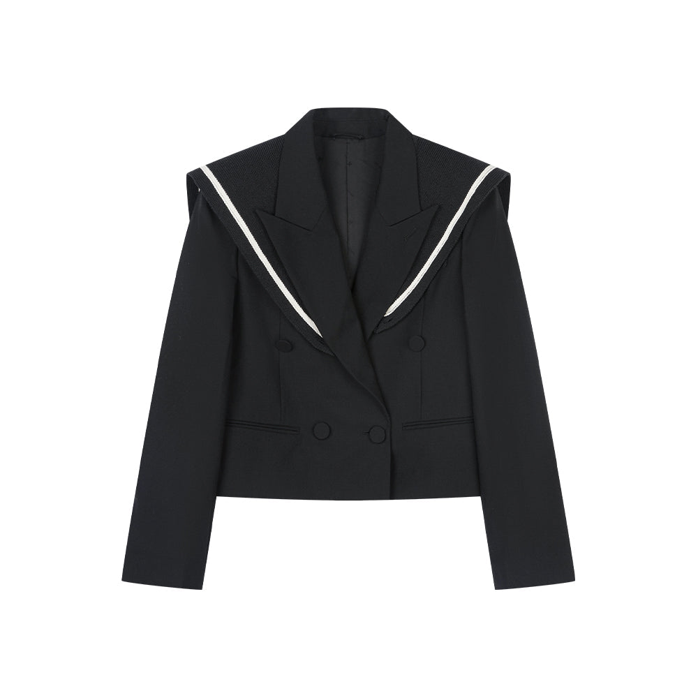 Peyton Black Cropped Silhouette Suit With Navy Collar