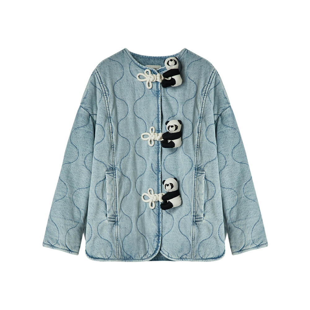 Washed Denim Panda Button Knot Padded Jacket