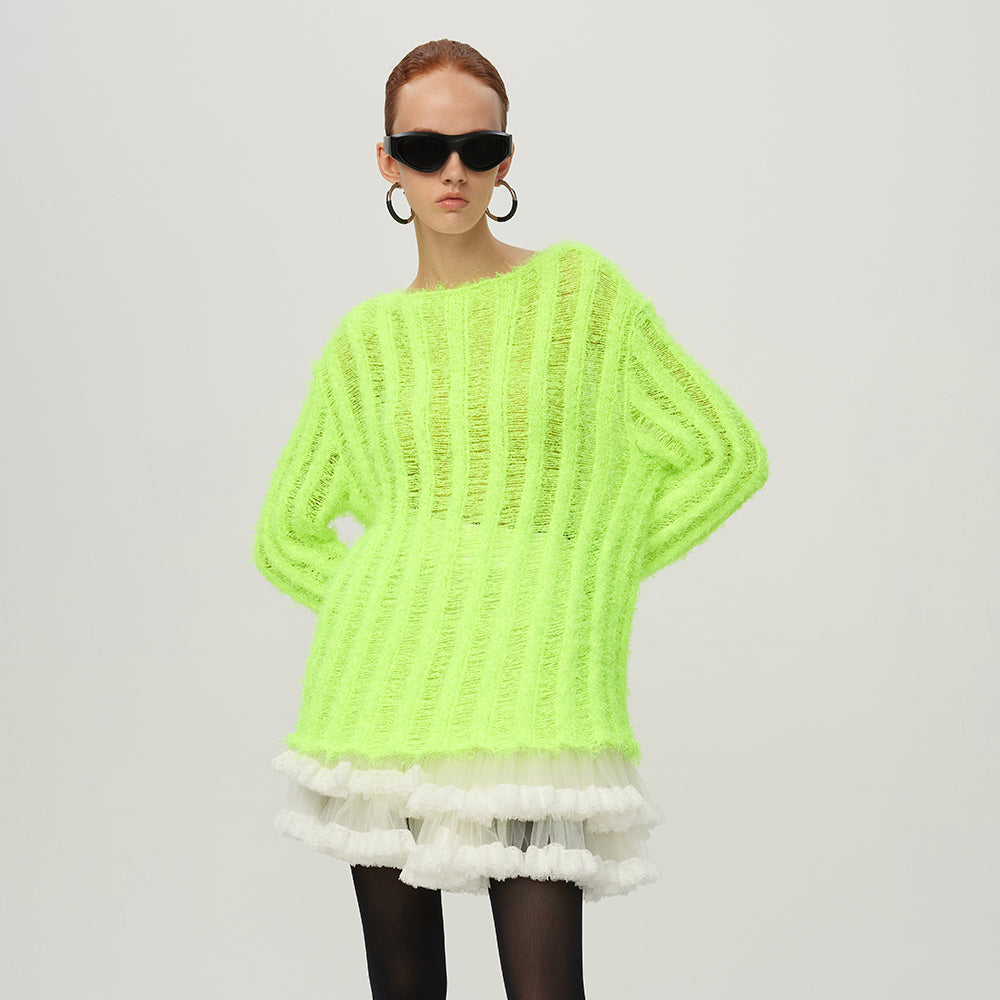Striped See-through Distressed Fluffy Sweater (Green/Black)