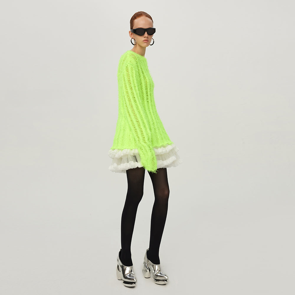 Striped See-through Distressed Fluffy Sweater (Green/Black)