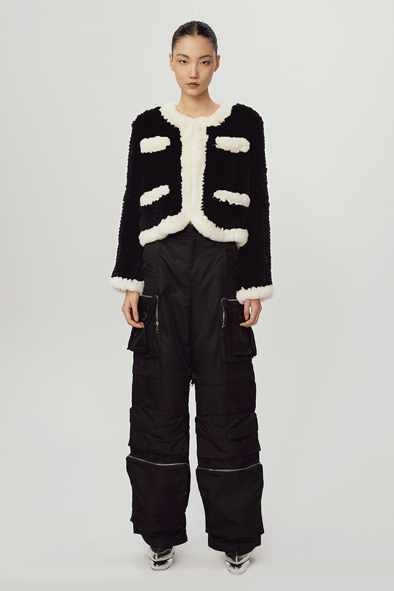 Black & White Cropped Rabbit Fur Coat