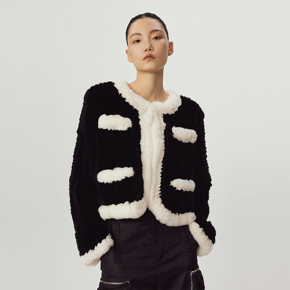 Black & White Cropped Rabbit Fur Coat