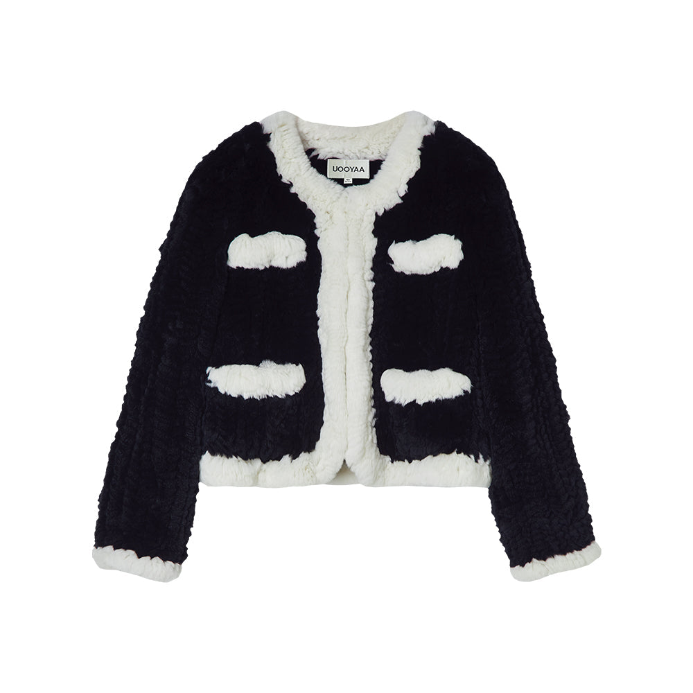 Black & White Cropped Rabbit Fur Coat