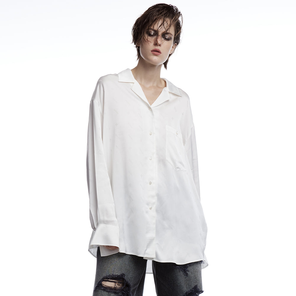 Camp Collar Glossy White Satin Shirt