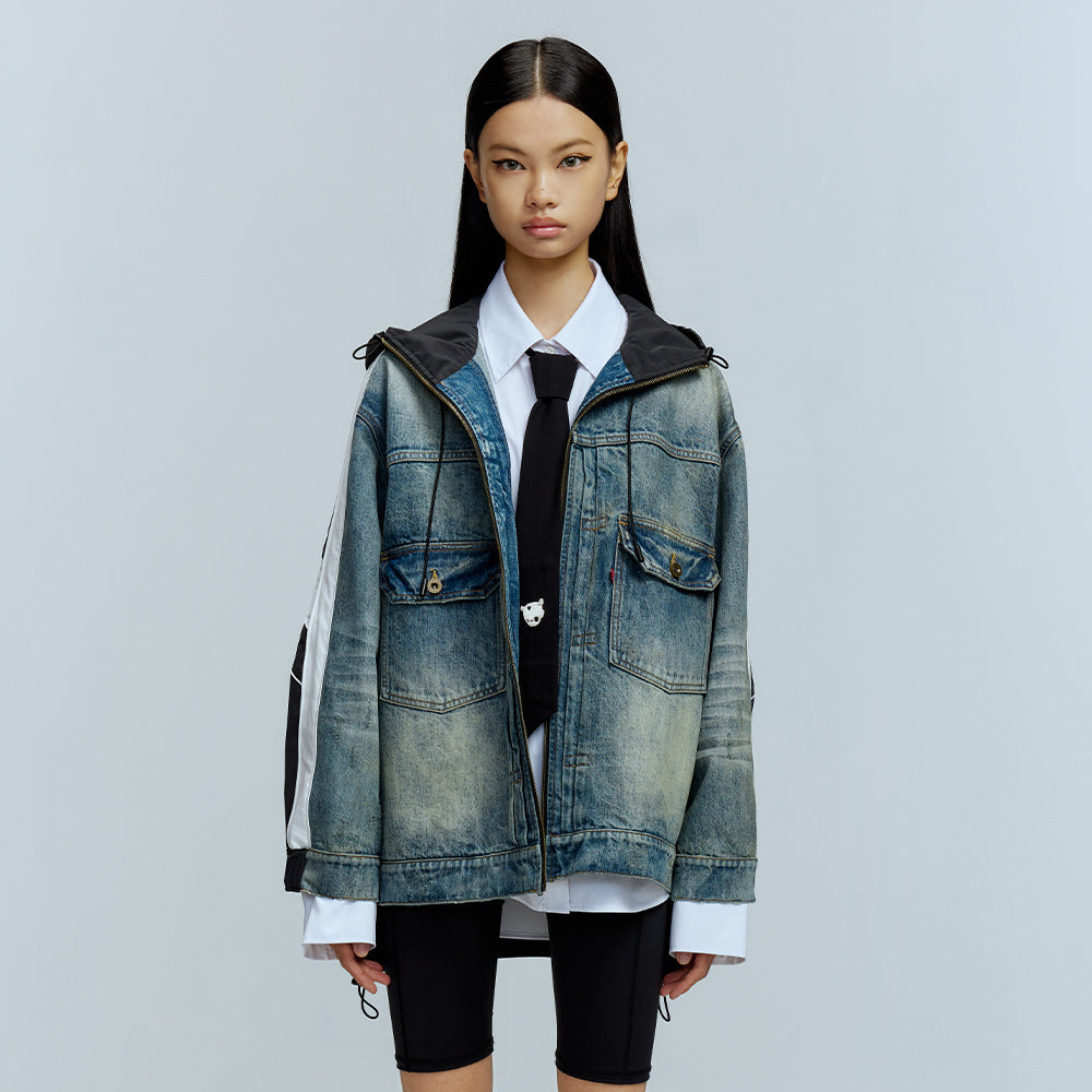 Paneled Denim Hooded Jacket