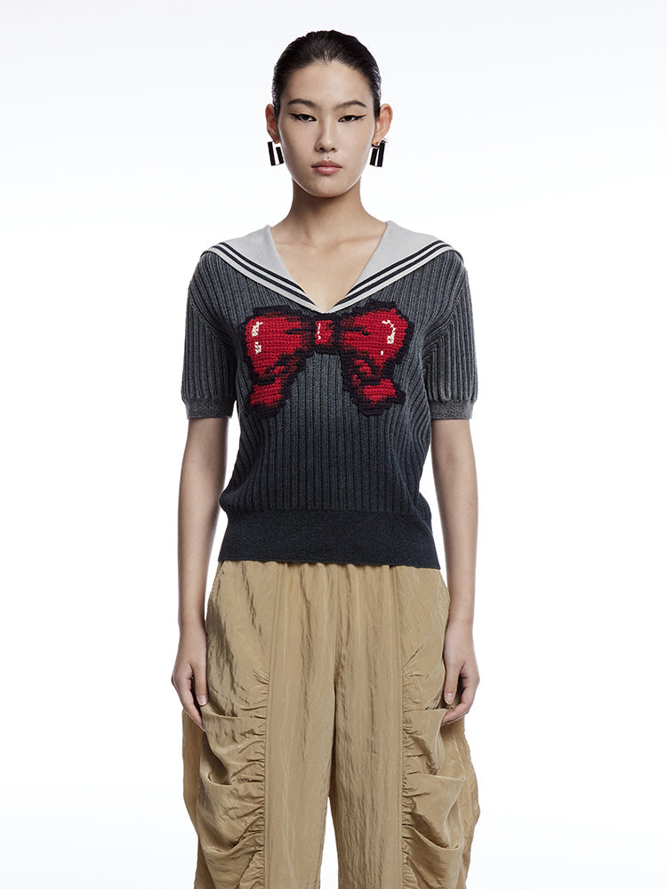 Bowknot Sailor Collar Knitted Top