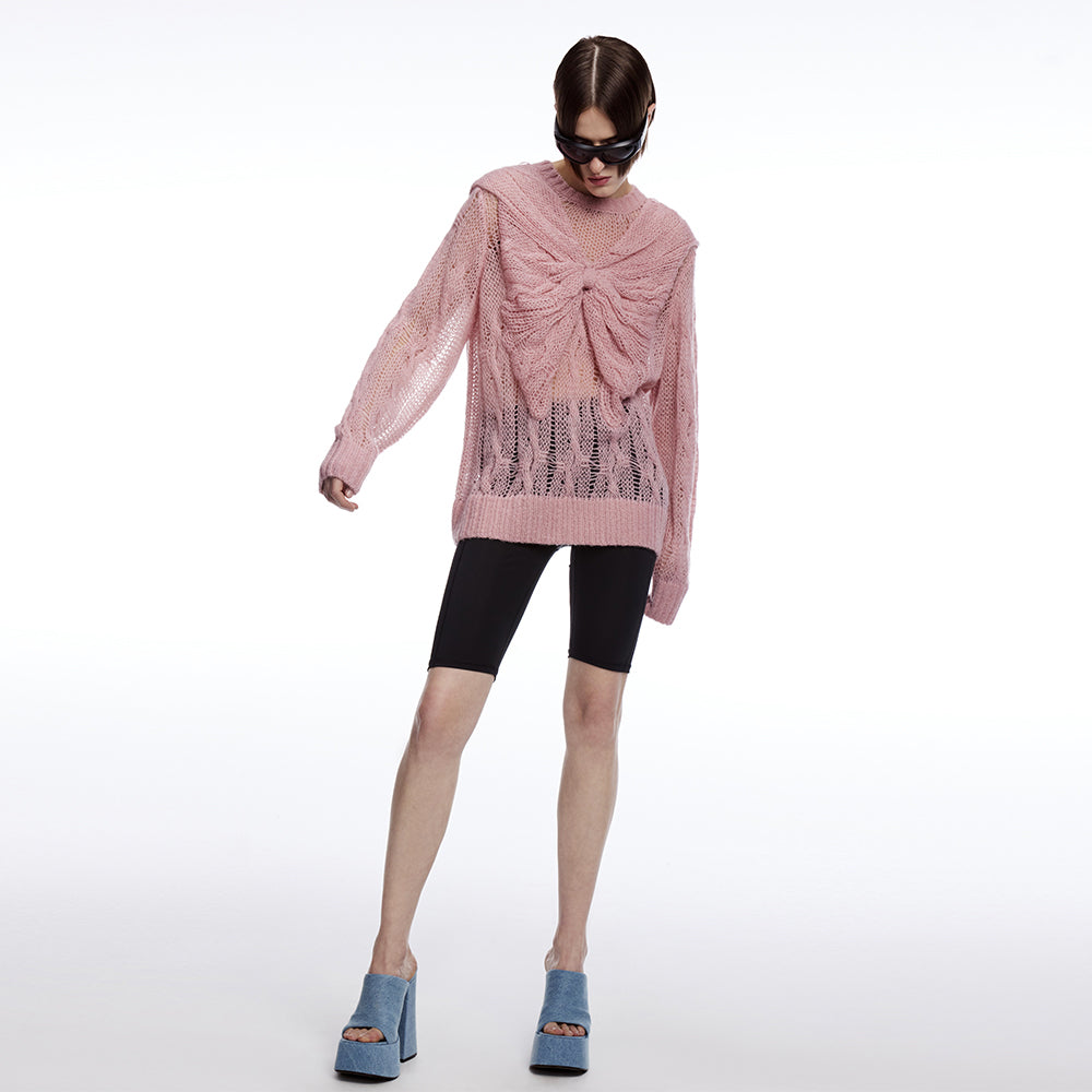 See-through Sailor Collar Bowknot Sweater (Black/Pink)