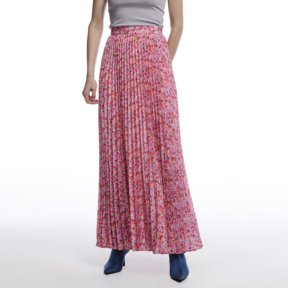 Full-printed Pink Circle Pleated Long Skirt