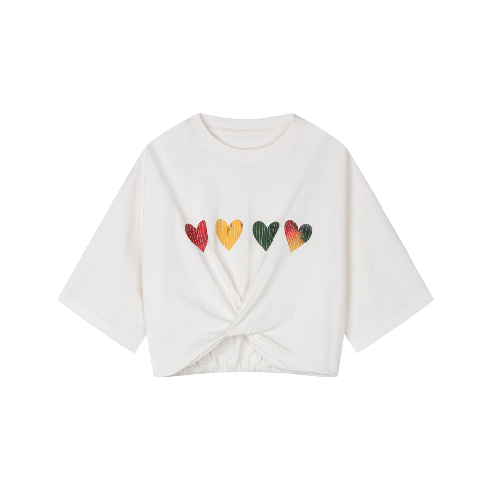 Knotted Cropped Heart-shape Pattern White T-shirt